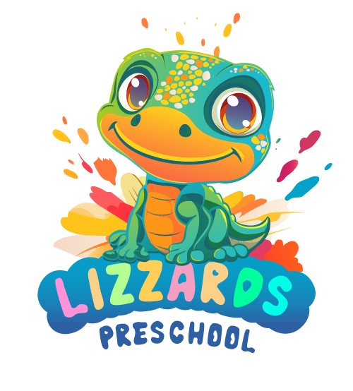 Illustration of a smiling cartoon lizard with colorful splashes in the background, above the text "Lizzards Preschool.