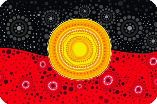 Aboriginal-inspired artwork with a yellow concentric circle design in the center against a black and red dotted background.